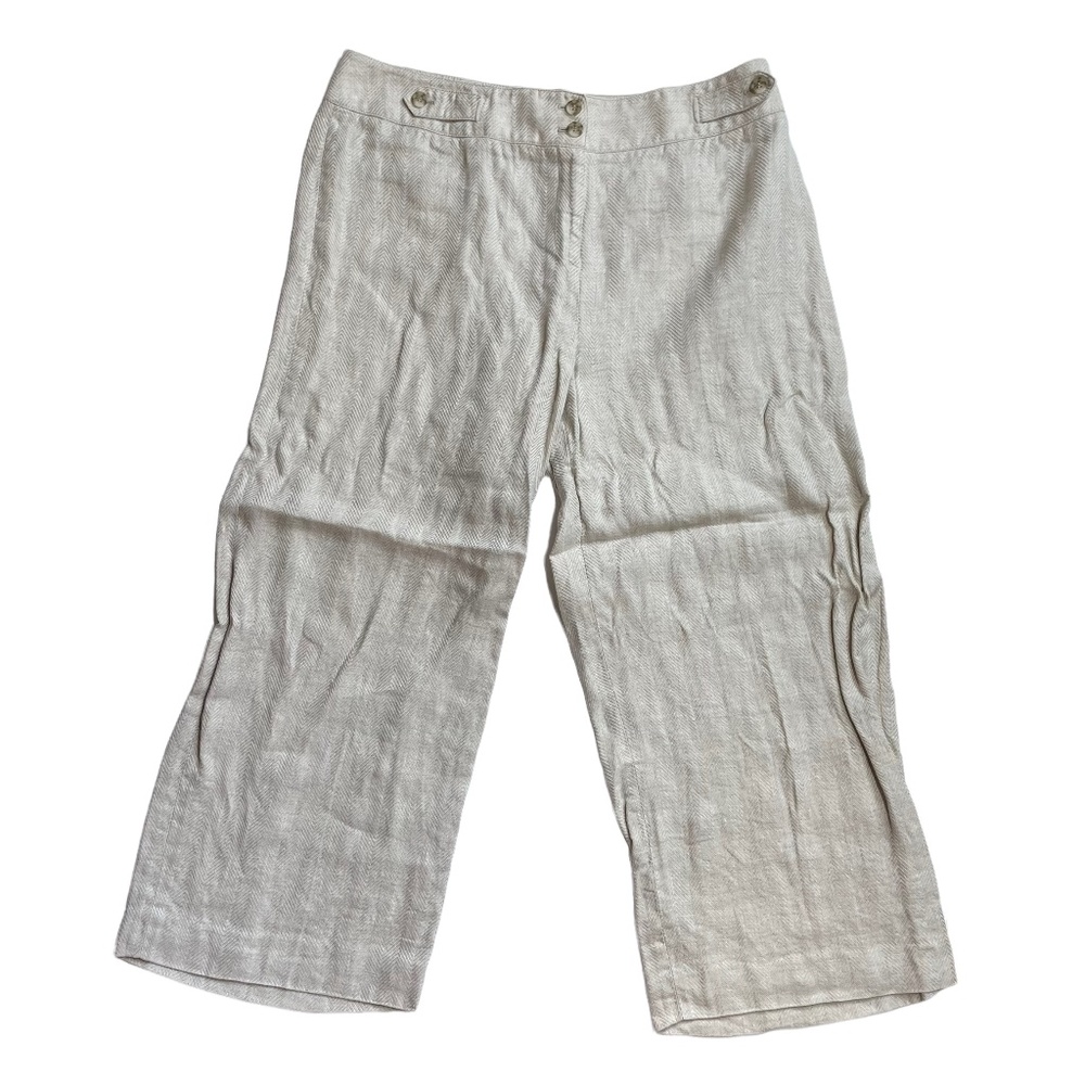 100% Linen Pants 14 Herringbone Chevron Textured Andre Olivier Beige Khaki